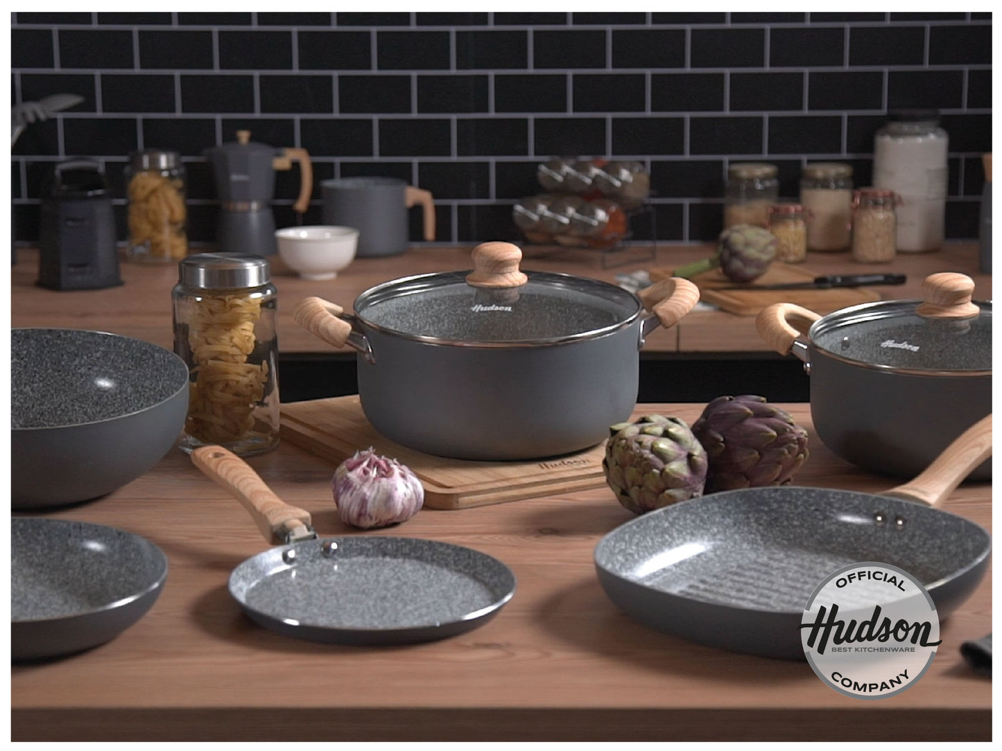 HUDSON Grey Stockpot Cookware, 3.9Qt Pots and Pans, Dishwasher Safe, Granite