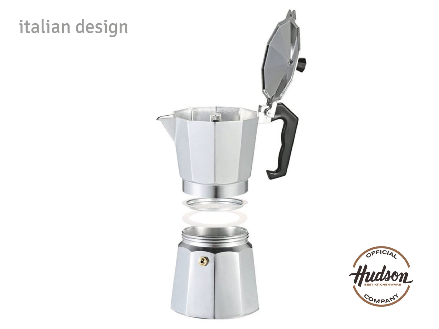 HUDSON Classic Aluminum Espresso Coffee Maker Italian Style 6 Cups Silver Polish