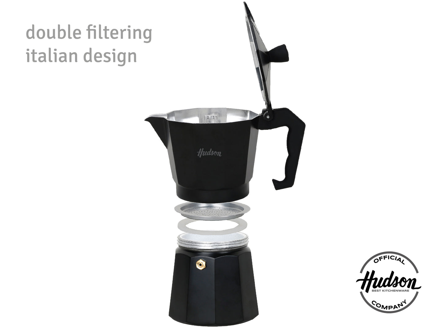 HUDSON Classic Stovetop Espresso Maker, Italian Style, 6 cups, Total Black