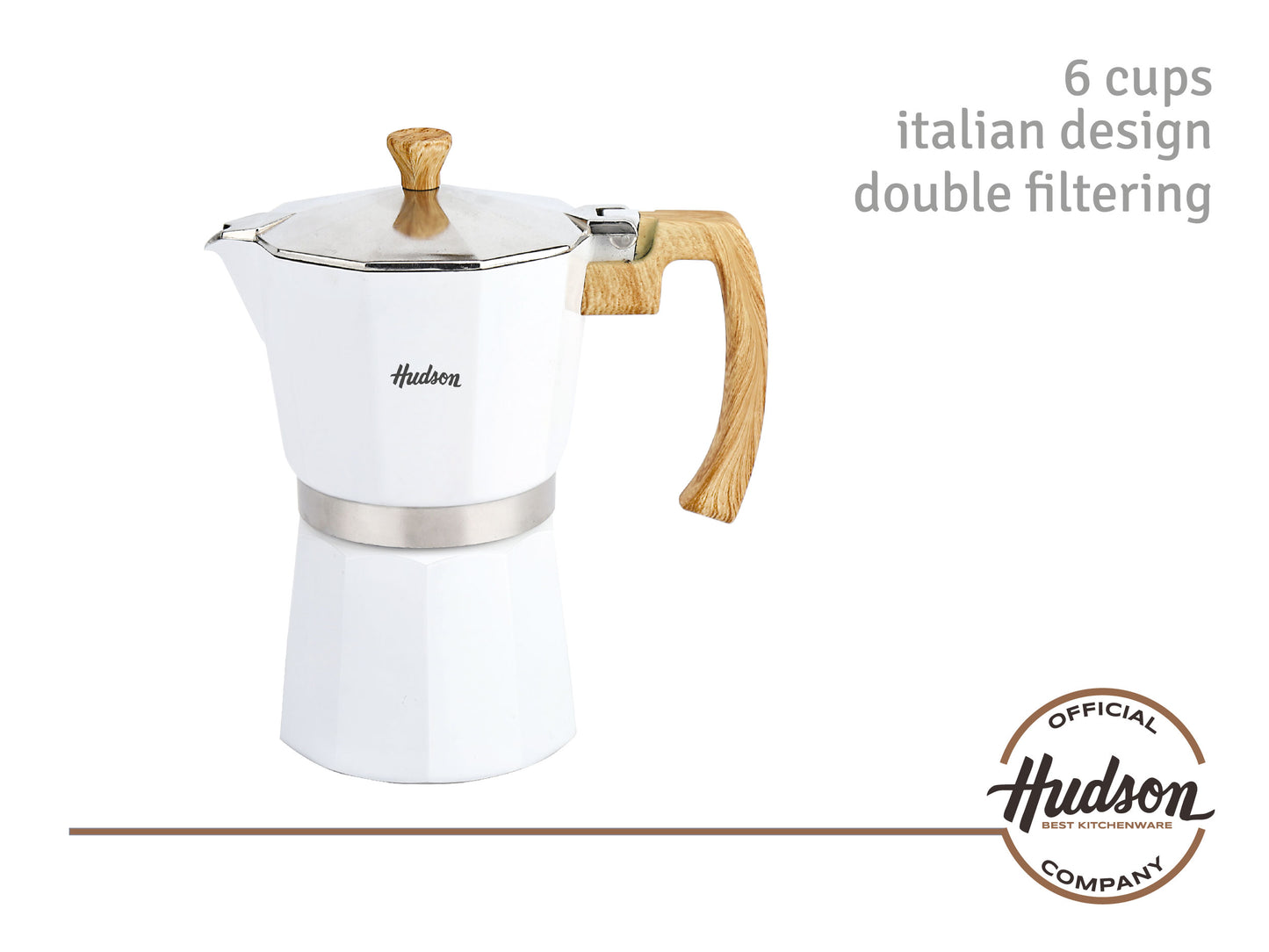 HUDSON Classic Stovetop Espresso Maker, Italian Style, 6 cups, White