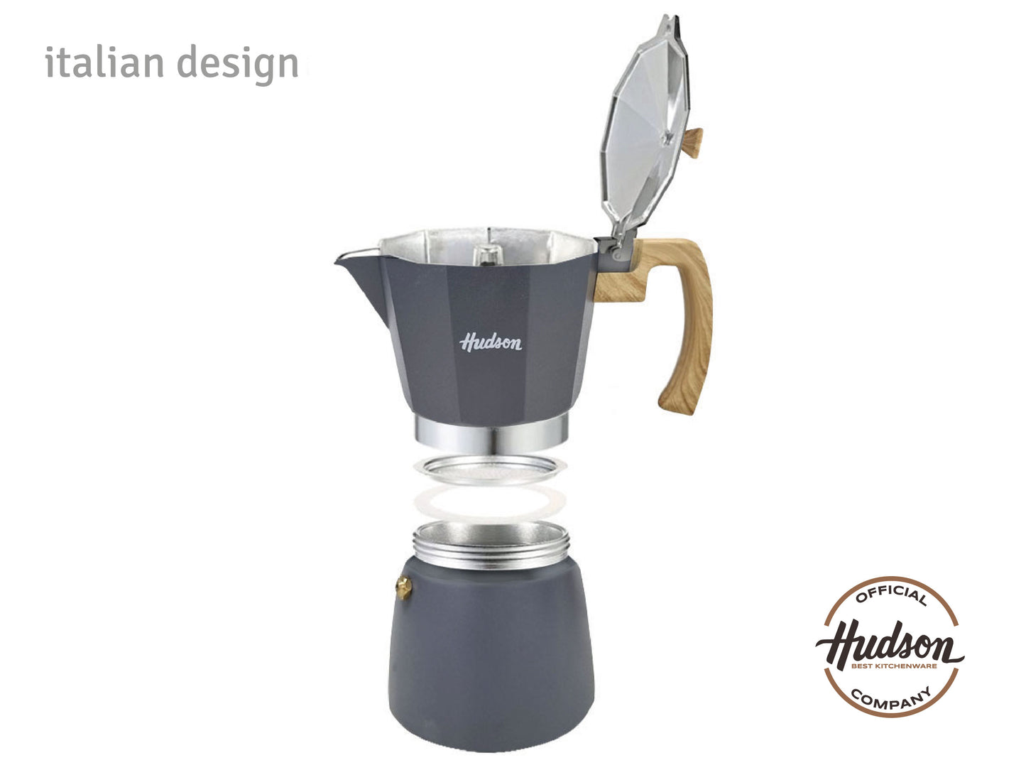 HUDSON Classic Stovetop Espresso Maker, Italian Style, 9 cups, Grey